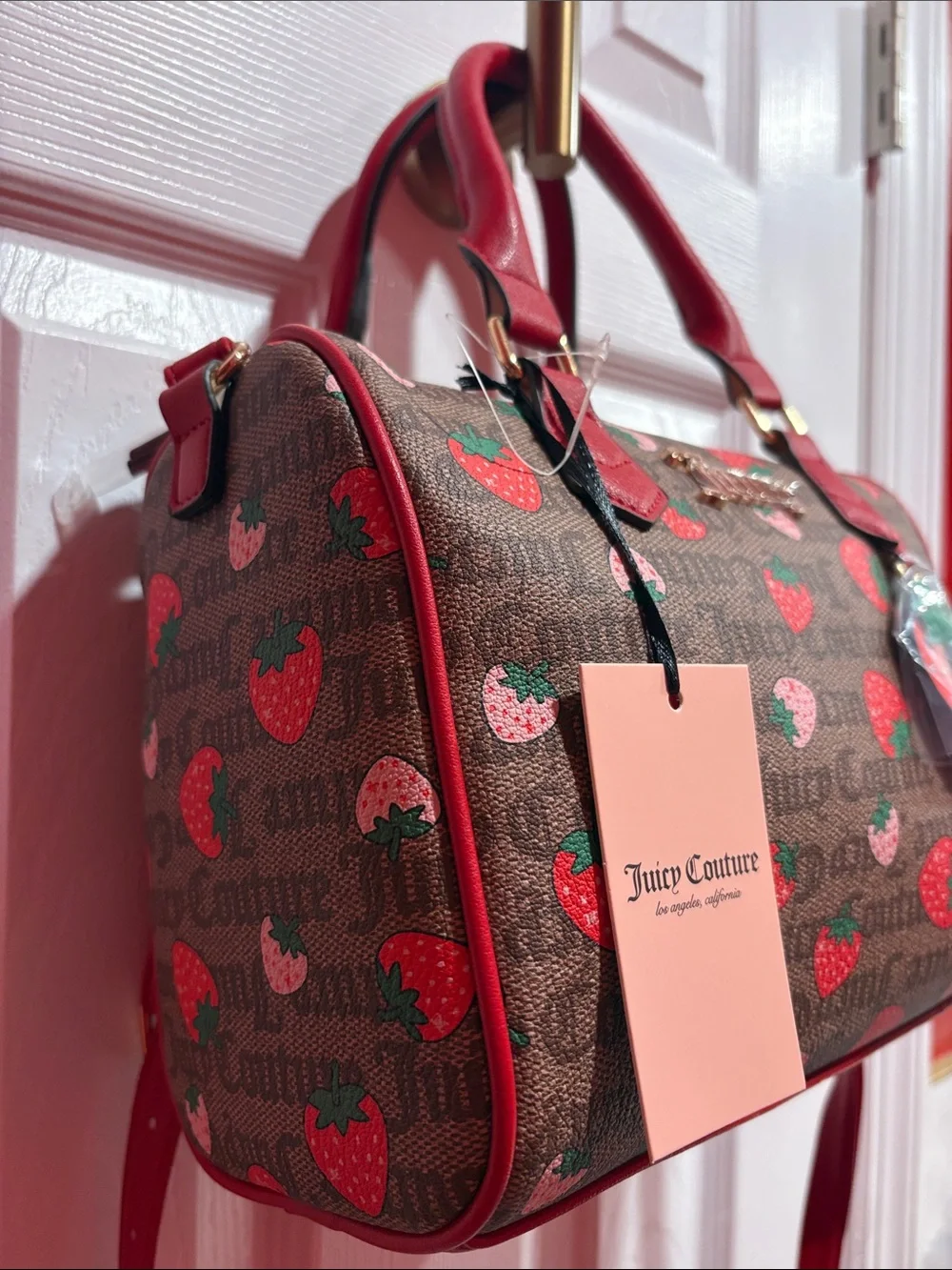BNWT JUICY COUTURE Brown Logo Satchel with Red Strawberry Print